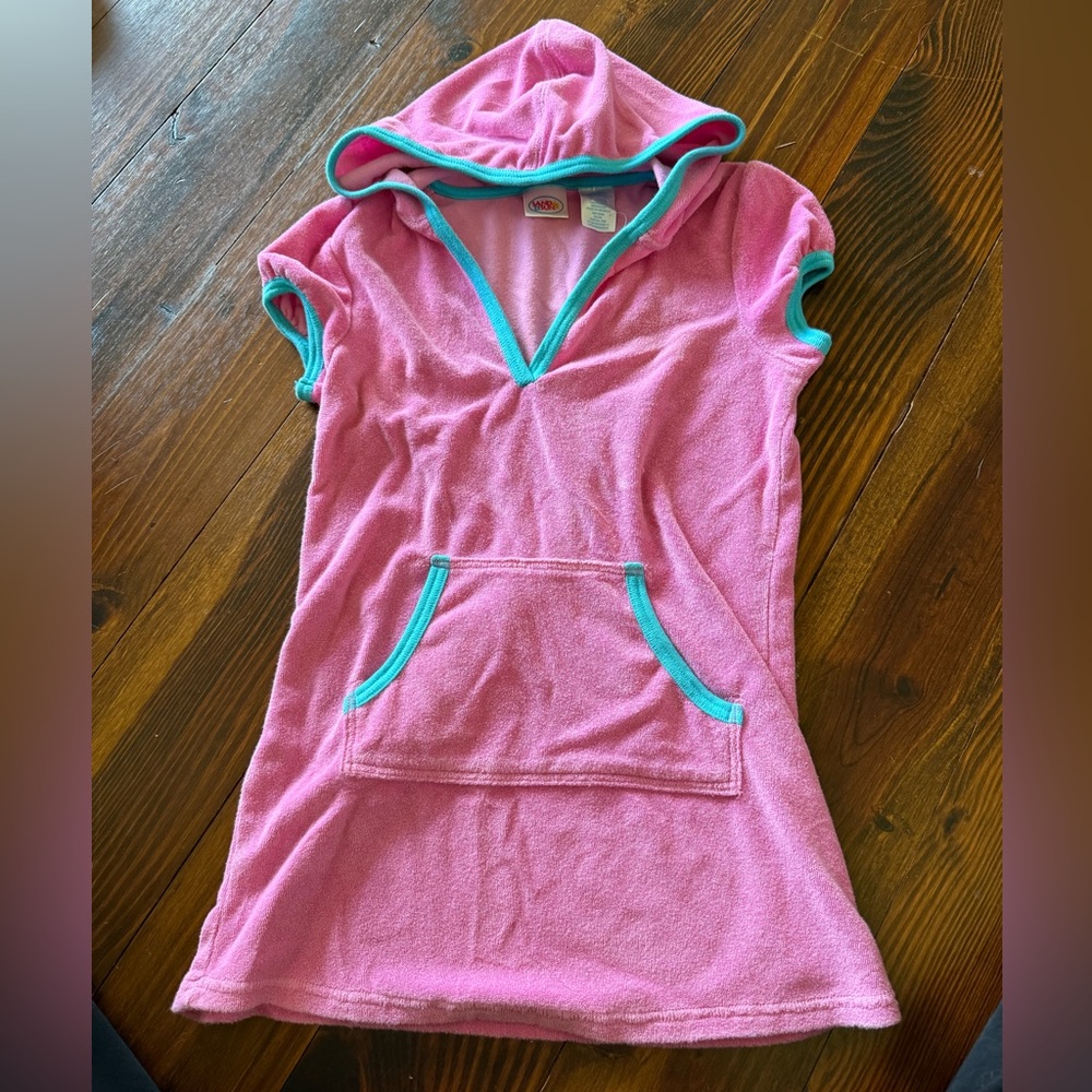 Sand n Sun Pink Hooded Terry Dress with Teal Trim